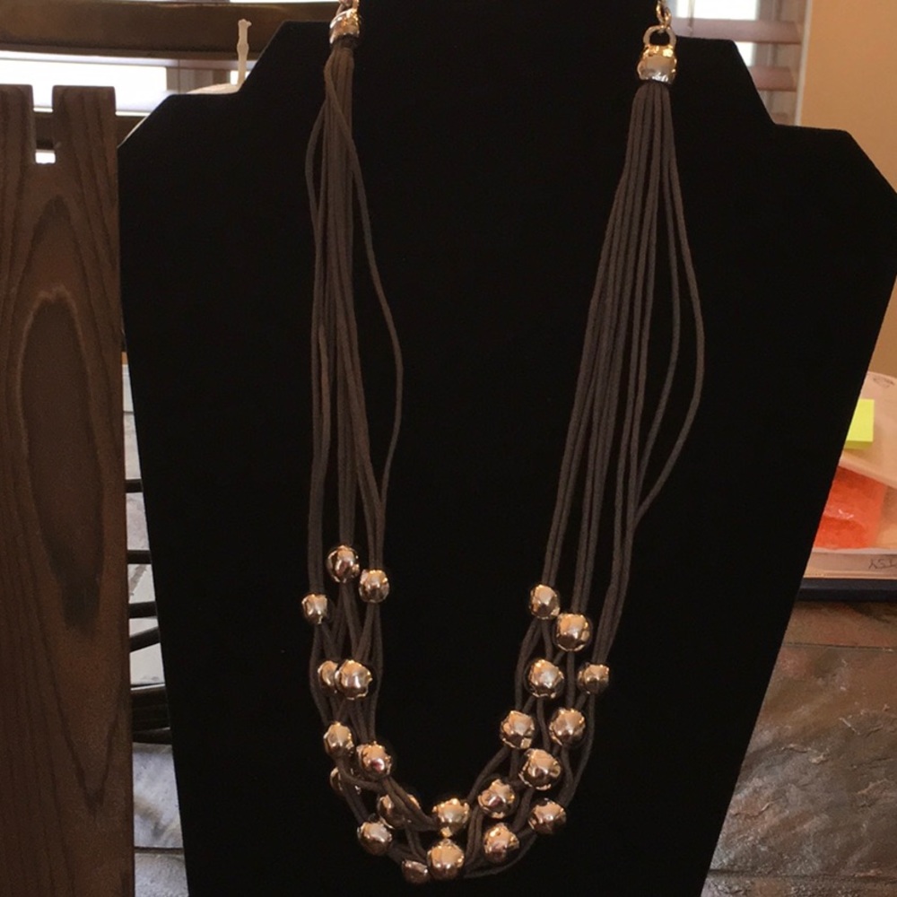 Grey cord and silvertone bead necklace